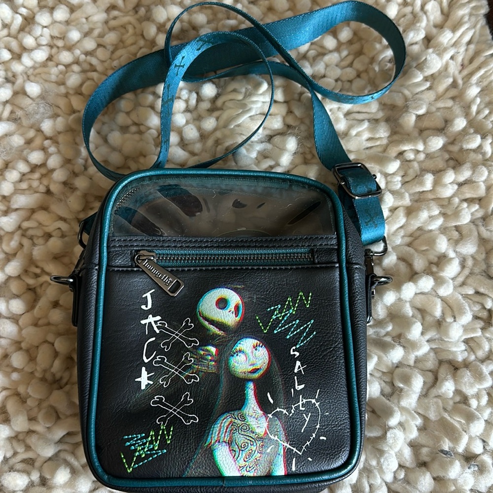 Authentic Loungefly Disney Parks Jack Skeleton bag and matching card holder.
